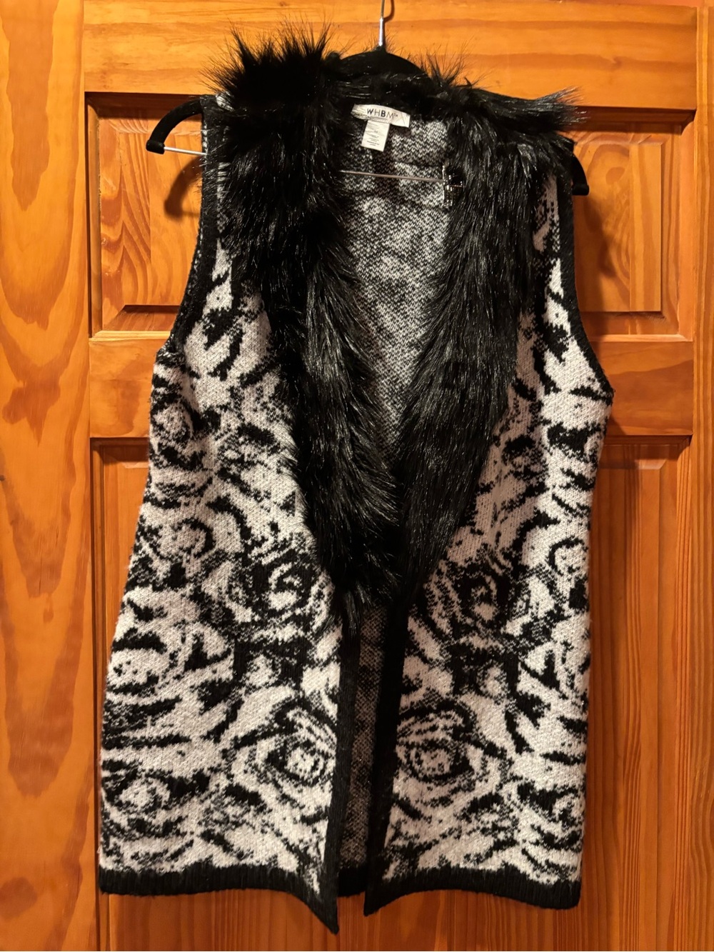 White House Black Market Black & White Knit Vest with Faux Fur Trim